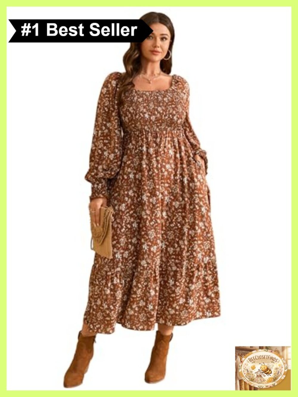Plus Size Boho Floral Maxi Dress Long Sleeve Smocked Square Neck